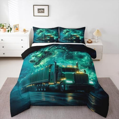 Western Dragon Kids Comforter Set Twin Size,Truck Vehicle Car Smoke Trippy Bedding Set,Girls Boys Room Decor,Chinese Dragon Magical Quilt Comforter,Black Retro Duvet Insert,1 Pillowcase