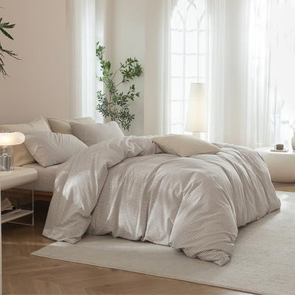 JIYUAN Full Washed Cotton Duvet Cover Set, 3-Piece, Linen-Like Pinstripe