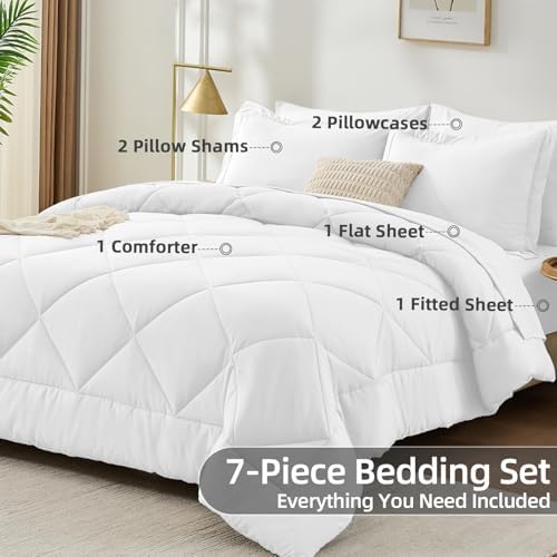 FUANNA Queen Comforter Set 7 Pieces, White Bedding Set, Soft Bed in a Bag