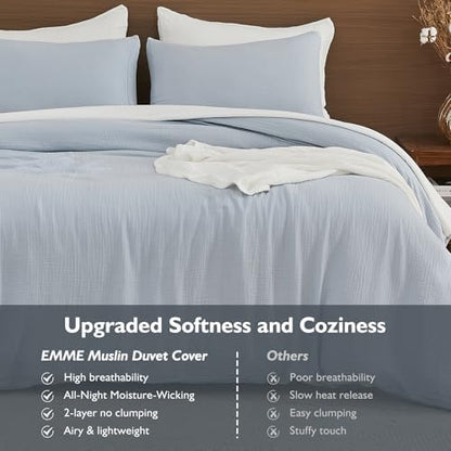 EMME Muslin Cotton Duvet Cover Set Linen Like Blue Twin