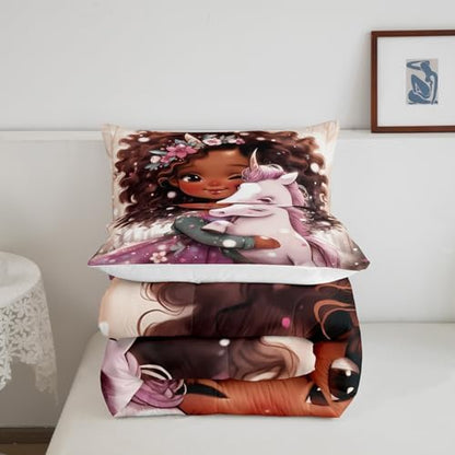 Manfei Girly Cartoon Kids Comforter Set Queen Size, Black Little Girl Unicorn Bedding Set for Girls Adult, Princess Unicorn Down Comforter, Cute African Style Americans Quilt Set, 2 Pillowcases