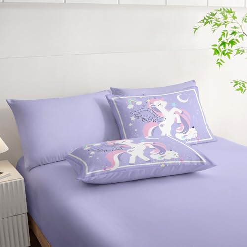 7Pcs Comforter Set Cartoon Purple Unicorn Printed Bedding Set with 1 Comforter,1 Flat Sheet,1 Fitted Sheet and 4 Pillowcases for Boys and Girls Bedroom All Season(Full)