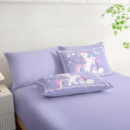 7Pcs Comforter Set Cartoon Purple Unicorn Printed Bedding Set with 1 Comforter,1 Flat Sheet,1 Fitted Sheet and 4 Pillowcases for Boys and Girls Bedroom All Season(Full)