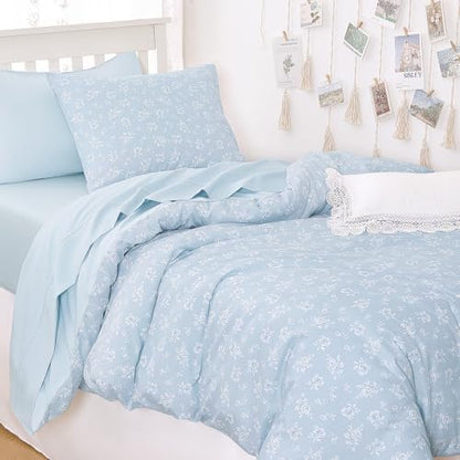 Wake In Cloud - Floral Comforter Set with Sheets, Coquette Cottagecore Aesthetic Flower Shabby Chic Pattern for Women Teen Girls, 5 Pieces Bed in a Bag, Light Blue, Twin Size