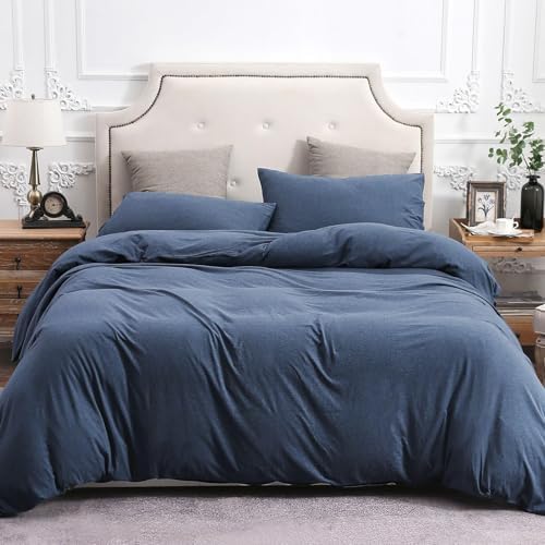 PURE ERA Jersey Knit Duvet Cover Set Heather Navy Blue Oversized King