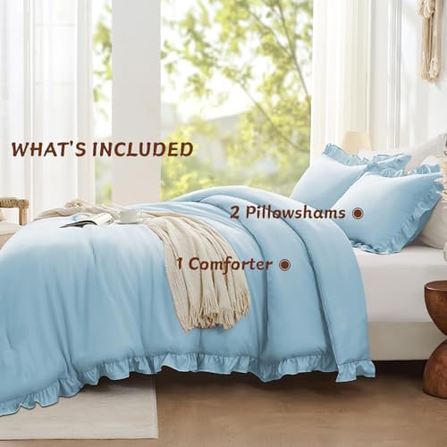 FUANNA King Size Comforter Set, Ruffle Bedding, 3 PCS Bed Set, Light Blue