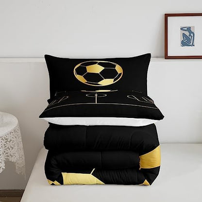 Kids Football Comforter Set King Size Gold Geometric Lines Football Field Bedding Set 3Pcs for Boys Teens Men Room Decor Soccer Sport Games Quilt Set Fashion Black Duvet Insert,2 Pillowcases