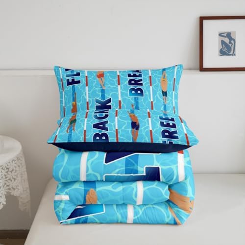 Homewish Swimming Comforter Set King Size,3D Blue Swimming Pool Bedding Sets 3Pcs,Swimmer Quilted Duvet for Kids Girls Boys Teens Room Decor,Swim Sports Lover Down Comforter,2 Pillowcases