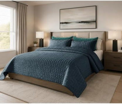 Quilt Set King Size 98x106 Luxurious Velvet Bedding Sets with 2 Pillow Shams 20x36 3 Pieces Ultra Soft Quilted Bedspread Coverlet Comforter for All Season,Grey Blue