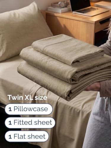 Extra Deep Twin XL Sheet Set - 3 Piece College Dorm Room - Heathered Beige