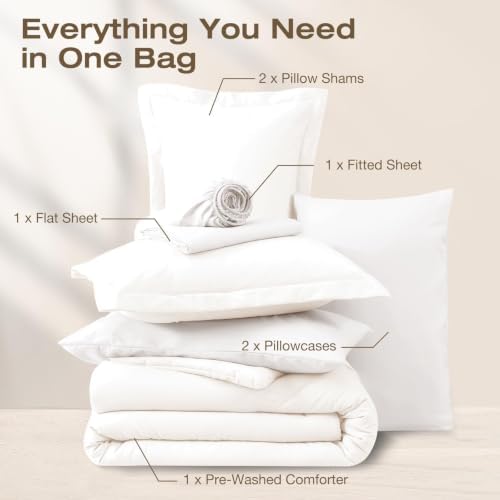 Sasttie Queen Comforter Set 7-Piece Ivory, Pre-Washed Bed in a Bag