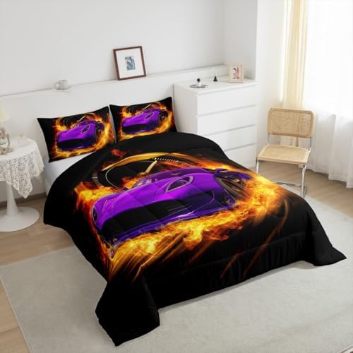 Erosebridal Purple Race Car Twin Comforter Set for Boys Girls,Kids Sports Car Bedding Set Race Car Decor for Toddler Boys Room,Cool Cars Comforter Set Breathable Racing Car Quilt Bed Set 2Pcs
