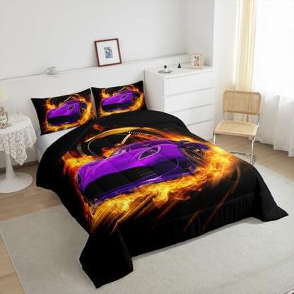 Erosebridal Purple Race Car Twin Comforter Set for Boys Girls,Kids Sports Car Bedding Set Race Car Decor for Toddler Boys Room,Cool Cars Comforter Set Breathable Racing Car Quilt Bed Set 2Pcs