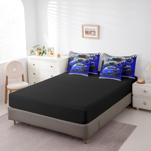 Feelyou Blue Race Car Bed Set for Kids Boys Girls King Size Extreme Sports 7 Pieces Beeding Set Teen Adult Ultra Soft Speed Sports Car Bed in a Bag with Comforter, Sheets, Pillowcases Cool Car