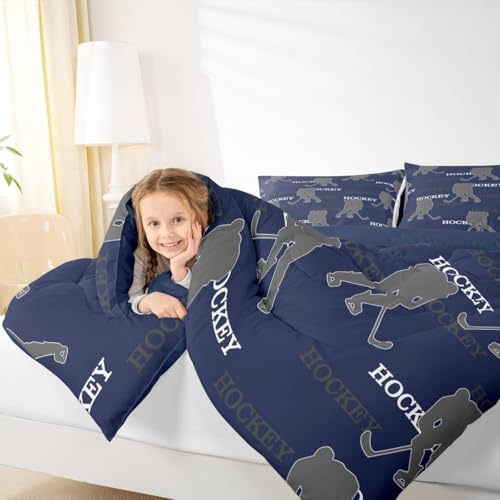 Manfei Hockey Players Kids Comforter Set Queen Size, Bedding Set,Girls Boys Room Decor,Competitive Games Teamwork Quilt Comforter,Dark Blue Gray Duvet Set Bedroom Quilt Set,2 Pillowcases