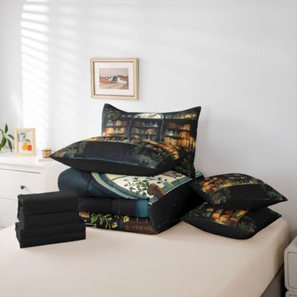 Erosebridal Gothic Witchy 7 Piece Bedding Set Queen Dark Academia Bookshelf Comforter Set with Sheets Vintage Witchy Bookshelf Bed in a Bag Gothic Book Lover Bed Sets Comforter