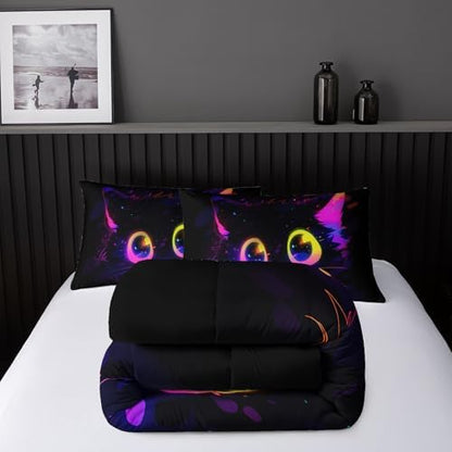 Nttopship Cute Cat Kids Comforter Set Queen Size 3pcs Black in Dark 3D Digital Animals Printed Pattern Comforter Set for Kids Boys Girls Adults Animal Print Room Decor Comforter with 2 Pillowcases