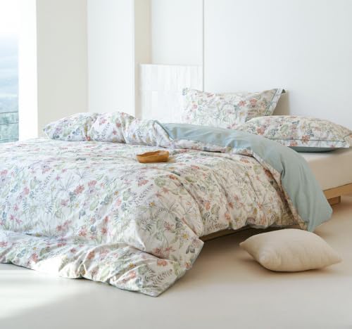 Twin Comforter Set 2 Pieces, 100% Cotton Botanical Floral Bedding Set for All-Season, Soft Reversible Comforter with 1 Pillow Sham