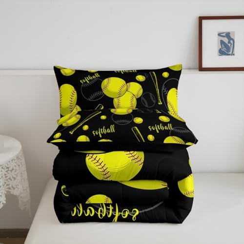 Castle Fairy Black White Softball King Size Comforter Set,Kids Softball Bat Decor All Season Bedding Set,Teens Ball Games Comforter,Softball Sketches Decor Quilt Set Bedroom Collection 3Pcs