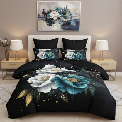 CCoutueChen Kids Twin Size Vintage Floral Comforter Set, 2 Pcs Teal and White Botanical Flowers Soft Bedding, Warm Microfiber Luxury Gold Accent Bed Set with 1 Pillowcase, 68"x86"