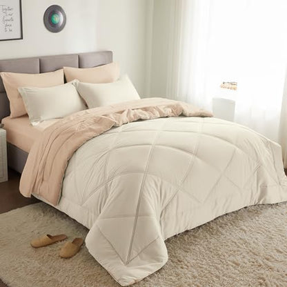 Joiedomi Queen Comforter Set with Sheets Beige, 7 Pieces Queen Bed Set with 1 Down Alternative Comforter, 1 Flat Sheet, 1 Fitted Sheet, 2 Pillowcases and 2 Pillow Shams, Bed in a Bag for All Seasons