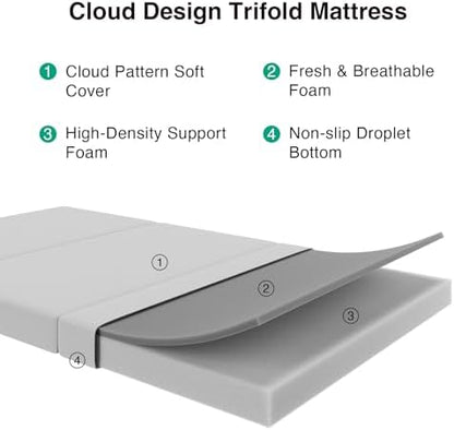 Novilla Foldable Mattress Topper, Queen Size Comfort Foam Trifold Mattress with Cloud Design Cover, 4 Inch Folding Mattress for Back Pain Relief, Suitable for Camping, RV Travel, 80"x60"x4"