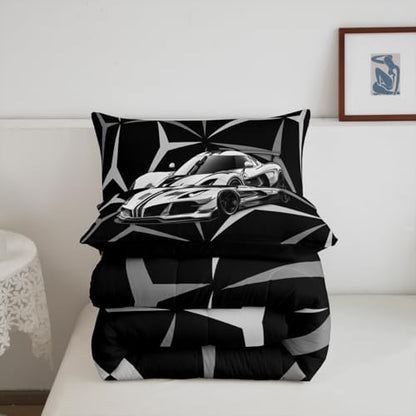 Castle Fairy Grey Race Car Bedding Set King Size,Racing Cars Extreme Sports Comforter Set for Adult Men Bedroom,Speed Sport Car Abstract Art Ultra Soft Bedding Set with 2 Pillowcases,3Pcs