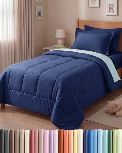 Twin Comforter Set - 5 Piece Reversible Bed in a Bag - Navy Blue/Sky Blue