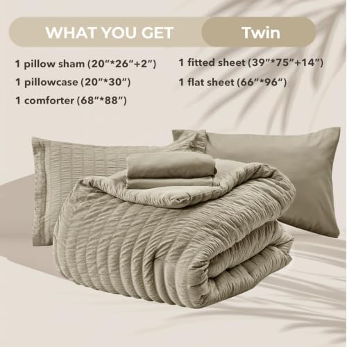 HYMOKEGE Linen Twin Comforter Set Seersucker 5 Pieces, All Season Luxury Bed in a Bag for Bedroom, Bedding Set with Comforter, Sheets, Pillowcase & Sham