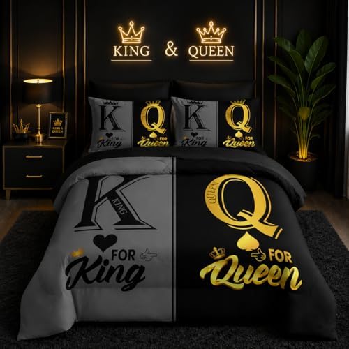 King and Queen Crown Comforter Set Black and Gray Couple Bedding Set，7Pcs Mr Mrs Comforter Set for Adults Couple Men Women,Light Bedding Set 7 Piece in A Bag,Bed Sheet Set Decor KING All Seasons
