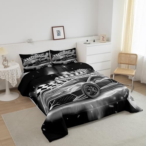 Feelyou Racing Car Comforter Set, Cool Speed Race Car Down Comforter King for Kids Boys Girls Teens Bedroom, Automobile Extreme Sport Bedding Set Plaid Checkered Duvet Sets with 2 Pillowcases,Grey