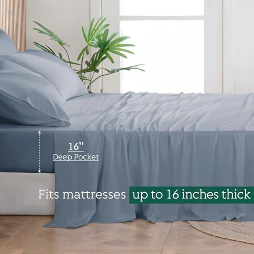 Cooling Sheets Set Full Size, Viscose Derived from Bamboo for Hot Sleepers | Deep Pocket Up to 15 Inch | Silky Soft & Breathable Bedding - 4PC (Full, Mineral Blue)