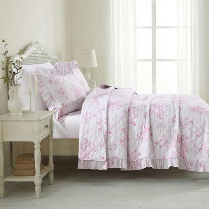 HORIMOTE HOME Pink Ruffled Quilt King Size with 2 Pillow Shams, Shabby Chic Floral Printed Reversible Bedspread Coverlet, Soft Lightweight Comforter Bed Cover for All Season, 3 Pieces, 106x96 inches