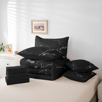 Erosebridal Black Grey Marble King Bedding Set 7 Piece Gray Marbling Crack Bed in A Bag with Sheets Simple Modern Comforter Set for Kids Adults,Aesthetics Marbling Bed Sets