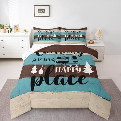 Camper Adventure Kids Comforter Set King Size,Happy Camping Rustic Farmhouse Cabin Bedding Set,Girls Boys Room Decor,RV Pine Tree Nature Quilt Comforter,Brown Country Duvet Insert,2 Pillowcases