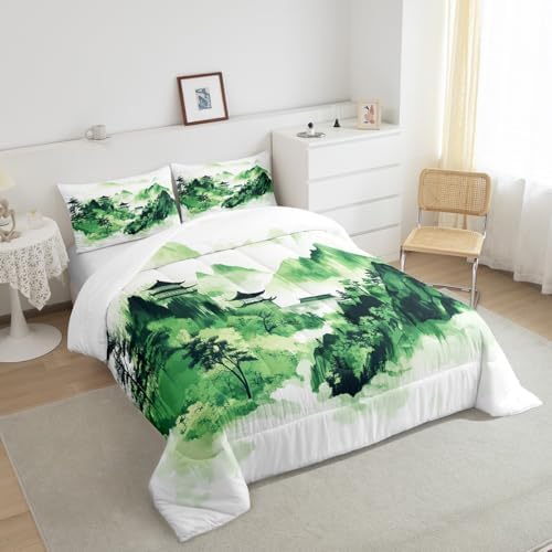 Chinese Style Bedding Set Full Size,Oriental Culture Ink Painting Comforter Set for Kids Girls Boys Adults Room Decor,Tie Dyeing Watercolor Duvet Insert 3Pcs,Mountain Tree Quilt Set,2 Pillowcases