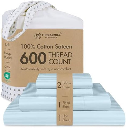 Threadmill 600TC Cotton Full Sheet Set, Sateen, Damask Stripe, Blue