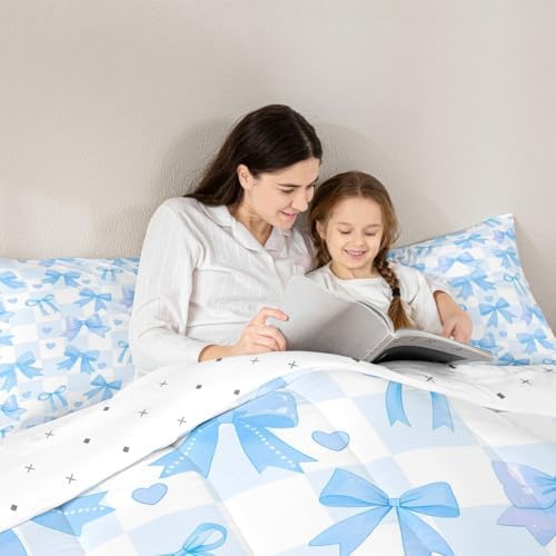 jejeloiu Watercolor Bow Comforter Set Toddler Size Blue Bow Bedding Set for Kids Boys Girls Dreamy Princess Style Duvet Quilt Bedroom Decor Microfiber 2 Pcs with 1 Pillow Cases