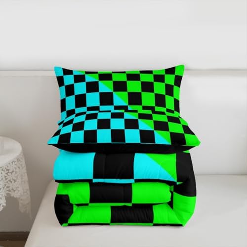 Feelyou Checkered Retro Comforter Set Queen Size Modern Geometric Cute Bedding Set for Kids Boys Girls Teal Green Duvet Quilt Vintage Simple Groovy Aesthetic Bedroom Decor 3 Pcs with 2 Pillow Cases