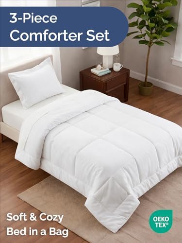 Twin Comforter Set - White Bedding for All Seasons - Soft 2 Piece Bed Set