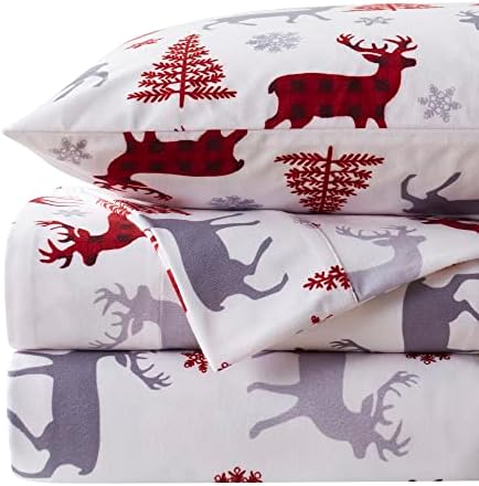 Flannel Sheets Warm and Cozy Deep Pocket Breathable All Season Bedding Set with Fitted, Flat and Pillowcases, Twin, Buffalo Deer