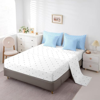 jejeloiu Blue Bedding Set 7Pcs Full Size Kids Buffalo Plaid Comforter Set with Sheets for Boys Girls Checkered Grid Bed in a Bag Soft Lightweight,Microfiber