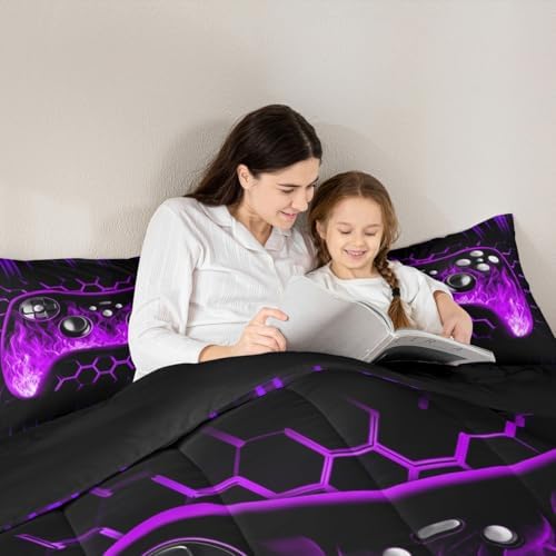 Erosebridal Ombre Art Honeycomb Gamer Comforter Sets for Boys Purple Neon Lights Game Console King Bedding Set Geometric Hexagon Beehive Duvet Insert Gaming Decor for Boys Bedroom Decor