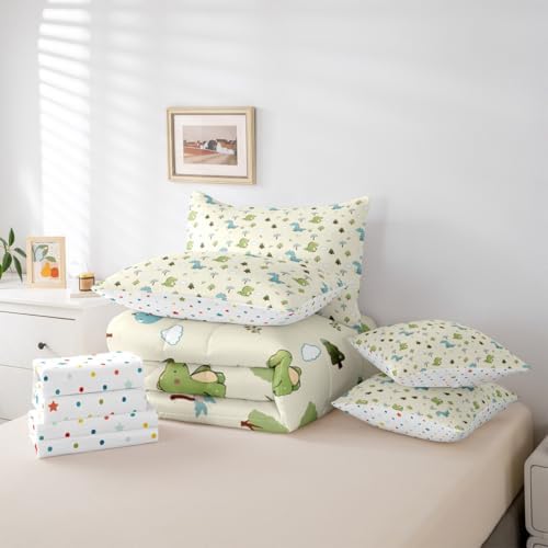 Feelyou Cute Dinosaur 7 Piece Bedding Set Cartoon Dino Comforter Set with Sheets for Kids Boys Girls Animal Theme Bed in a Bag Yellow Blue Green Bed Set Soft Lightweight