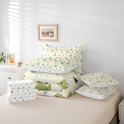 Feelyou Cute Dinosaur 7 Piece Bedding Set Cartoon Dino Comforter Set with Sheets for Kids Boys Girls Animal Theme Bed in a Bag Yellow Blue Green Bed Set Soft Lightweight