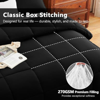 CozyLux Oversized King Comforter Set, 3-Piece Box-Stitched, Black