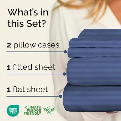 Queen 4 Piece Striped Sheet Set - Soft, Breathable & Cooling - Blue Stripes