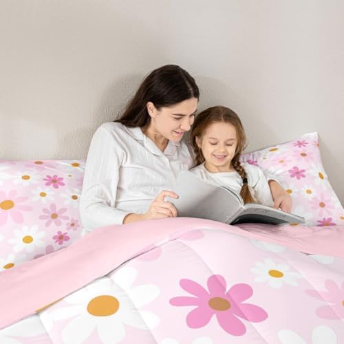 jejeloiu Cute Flower Comforter Set Toddler Size Pink White Daisy Bedding Set for Kids Boys Girls Blossom Flowers Pattern Duvet Quilt Kawaii Bedroom Decor Microfiber 2 Pcs with 1 Pillow Cases