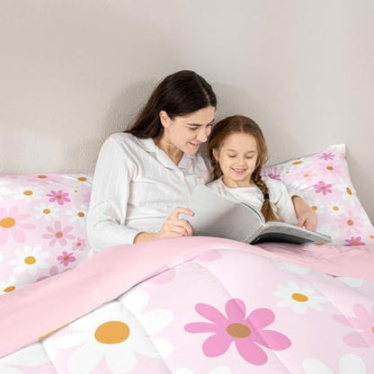 jejeloiu Cute Flower Comforter Set Toddler Size Pink White Daisy Bedding Set for Kids Boys Girls Blossom Flowers Pattern Duvet Quilt Kawaii Bedroom Decor Microfiber 2 Pcs with 1 Pillow Cases