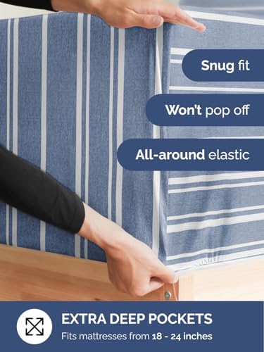 CGK Linens Extra Deep King Fitted Sheet - Fitted Sheet Only - Blue Stripes